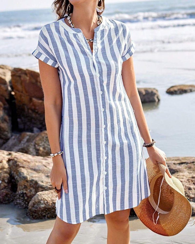 Women's Light Blue Striped Mini Shirt Dress with Short Sleeves - Maisie London