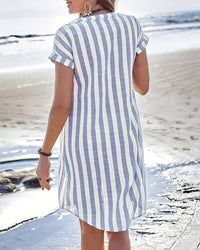 Women's Light Blue Striped Mini Shirt Dress with Short Sleeves - Maisie London