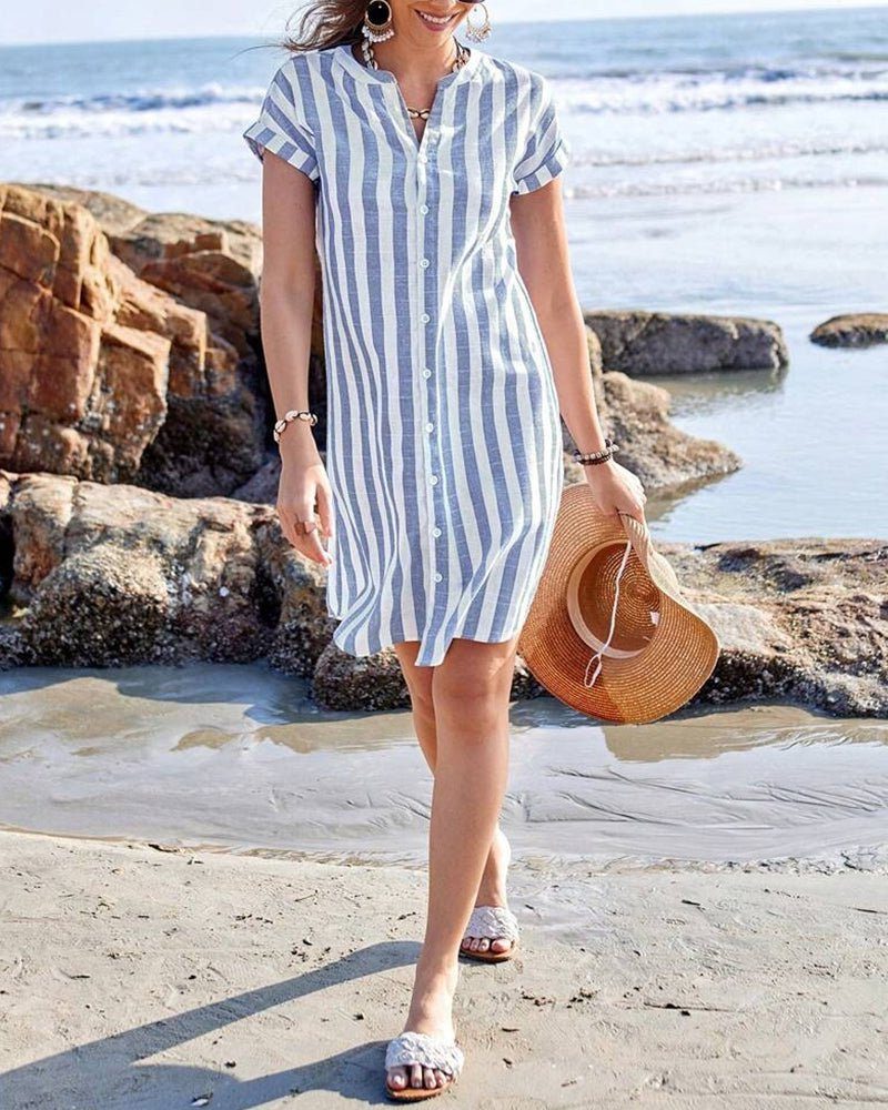 Women's Light Blue Striped Mini Shirt Dress with Short Sleeves - Maisie London
