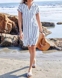 Women's Light Blue Striped Mini Shirt Dress with Short Sleeves - Maisie London