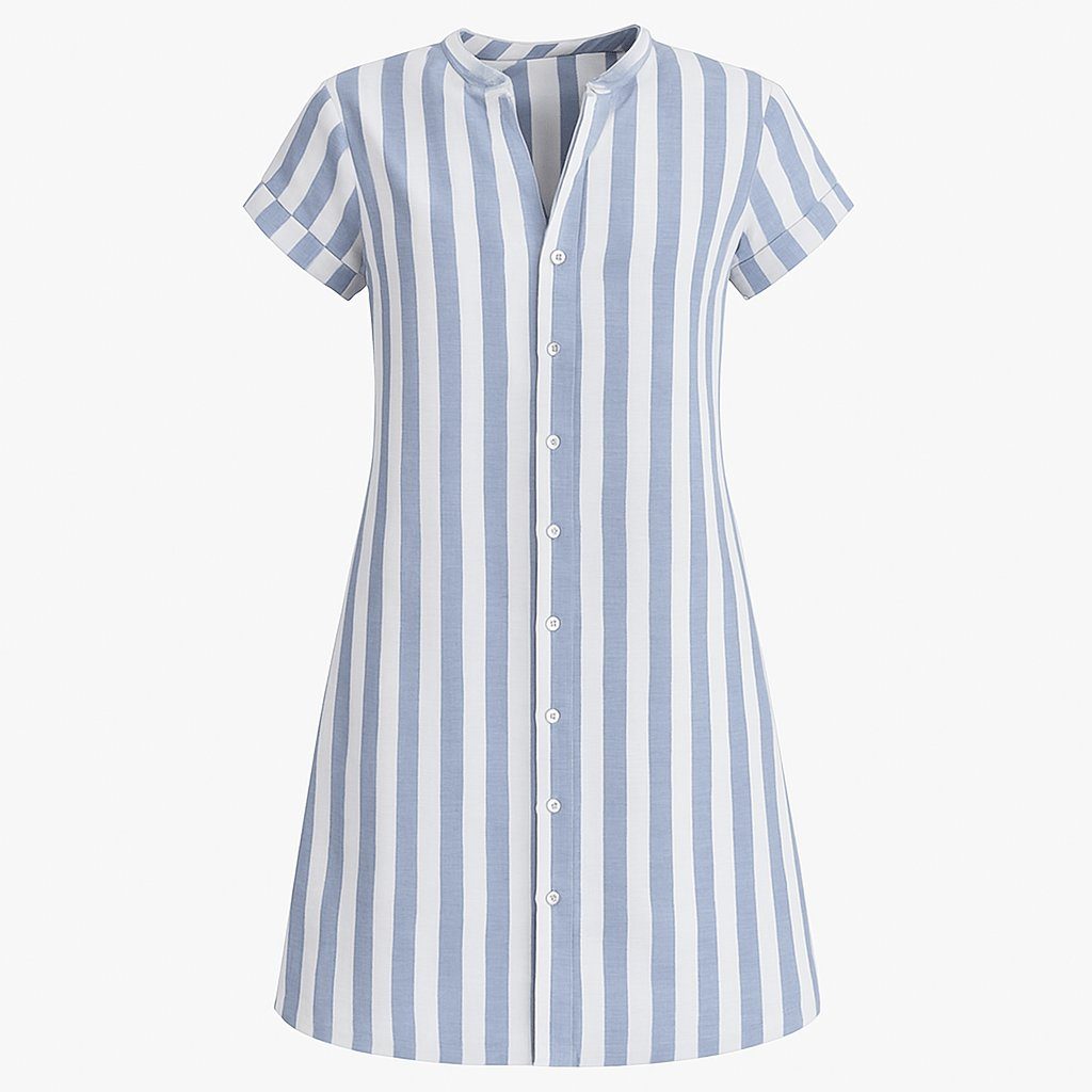 Women's Light Blue Striped Mini Shirt Dress with Short Sleeves - Maisie London