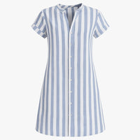 Women's Light Blue Striped Mini Shirt Dress with Short Sleeves - Maisie London