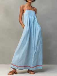 Women's Striped Cotton-Look Maxi Dress with Straps and Pockets - Maisie London