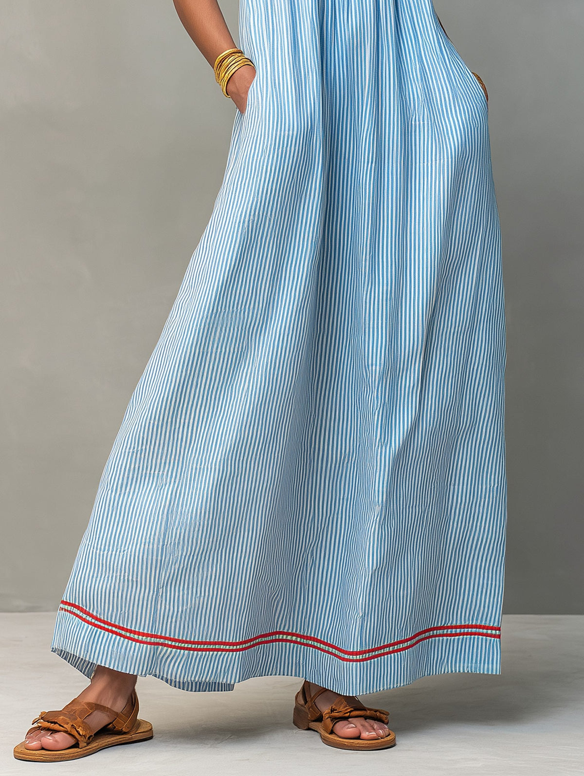 Women's Striped Cotton-Look Maxi Dress with Straps and Pockets - Maisie London