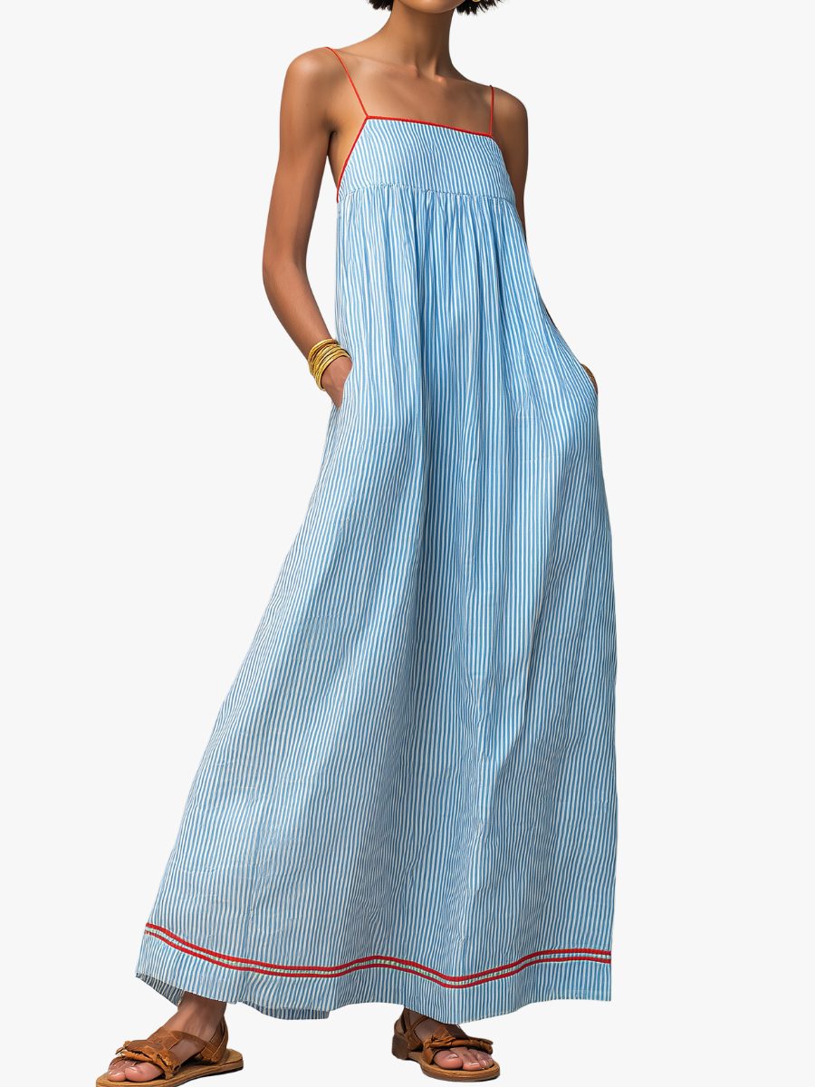 Women's Striped Cotton-Look Maxi Dress with Straps and Pockets - Maisie London