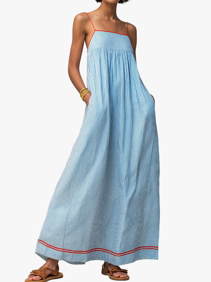 Women's Striped Cotton-Look Maxi Dress with Straps and Pockets - Maisie London