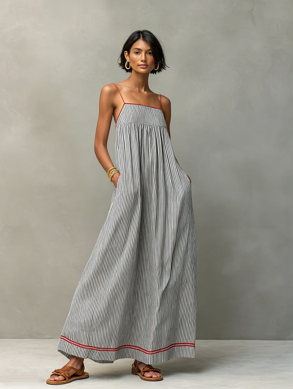 Women's Striped Cotton-Look Maxi Dress with Straps and Pockets - Maisie London