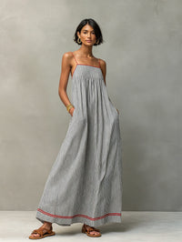 Women's Striped Cotton-Look Maxi Dress with Straps and Pockets - Maisie London