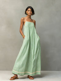 Women's Striped Cotton-Look Maxi Dress with Straps and Pockets - Maisie London