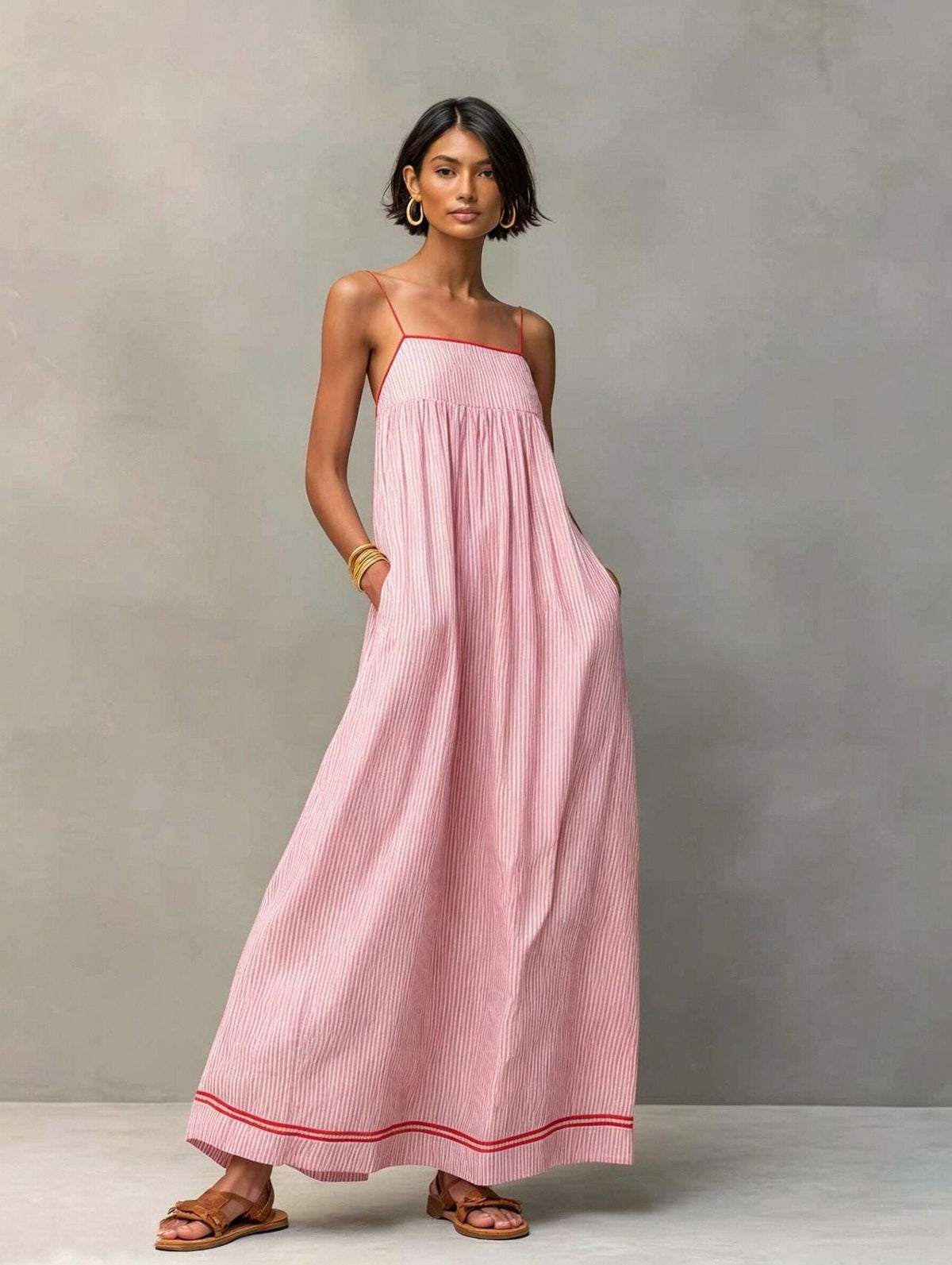 Women's Striped Cotton-Look Maxi Dress with Straps and Pockets - Maisie London