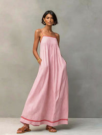 Women's Striped Cotton-Look Maxi Dress with Straps and Pockets - Maisie London