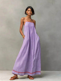 Women's Striped Cotton-Look Maxi Dress with Straps and Pockets - Maisie London