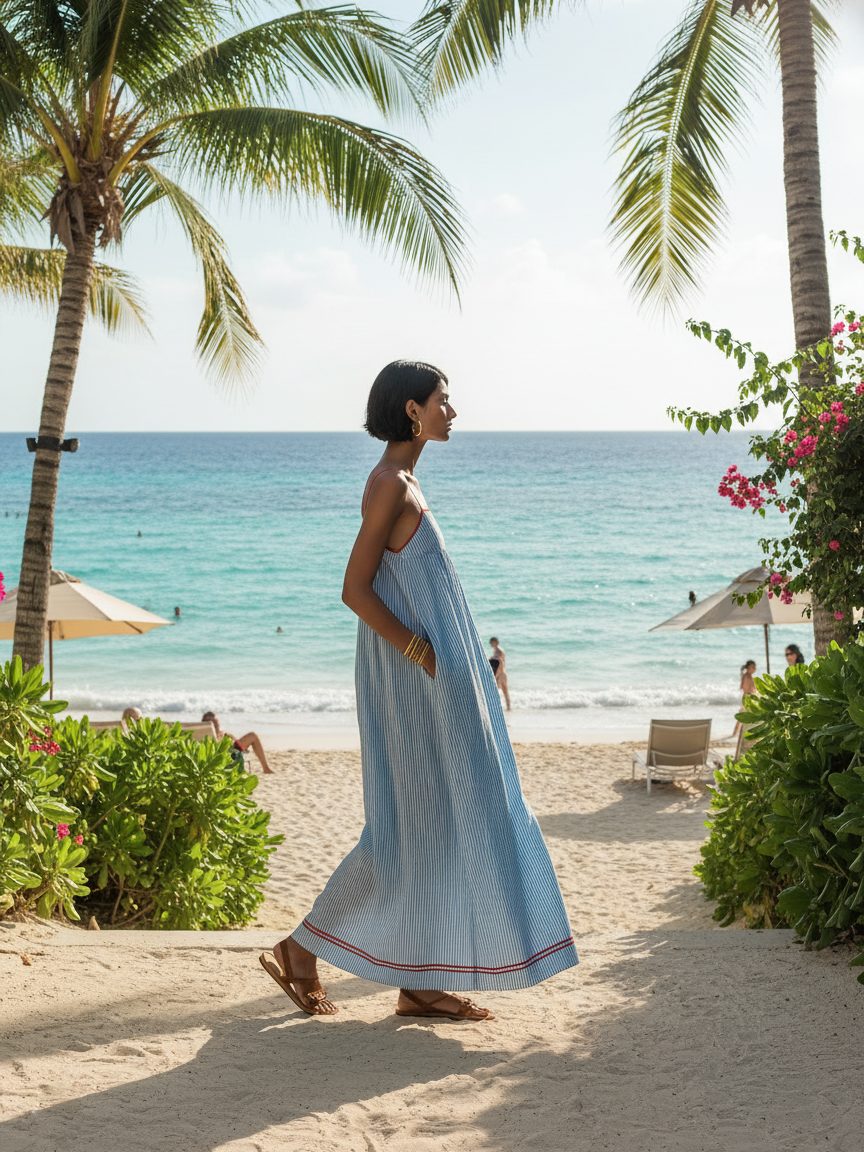 Women's Striped Cotton-Look Maxi Dress with Straps and Pockets - Maisie London