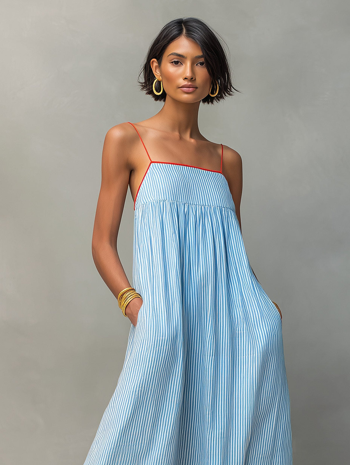 Women's Striped Cotton-Look Maxi Dress with Straps and Pockets - Maisie London