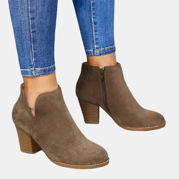 Women's Faux Suede Block Heel Ankle Boots with V-Cut and Side Zip - Maisie London