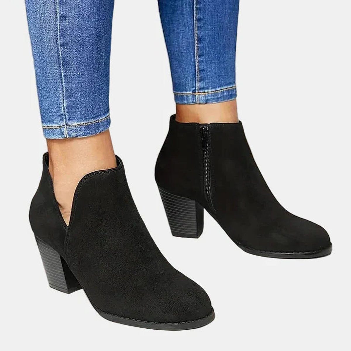 Women's Faux Suede Block Heel Ankle Boots with V-Cut and Side Zip - Maisie London
