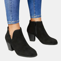 Women's Faux Suede Block Heel Ankle Boots with V-Cut and Side Zip - Maisie London