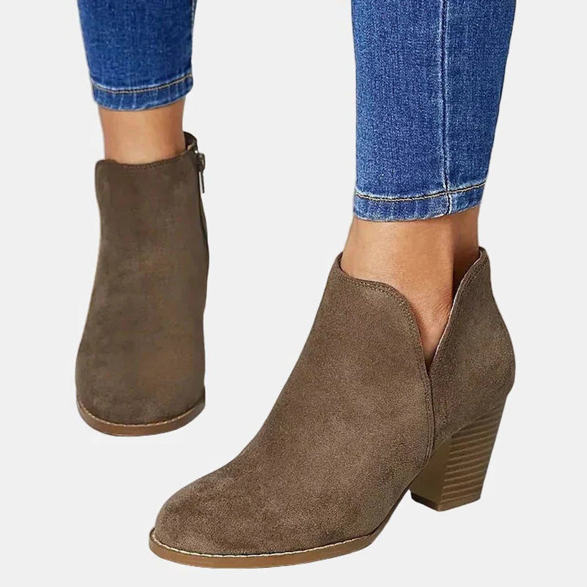 Women's Faux Suede Block Heel Ankle Boots with V-Cut and Side Zip - Maisie London