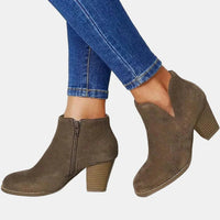 Women's Faux Suede Block Heel Ankle Boots with V-Cut and Side Zip - Maisie London