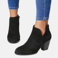 Women's Faux Suede Block Heel Ankle Boots with V-Cut and Side Zip - Maisie London