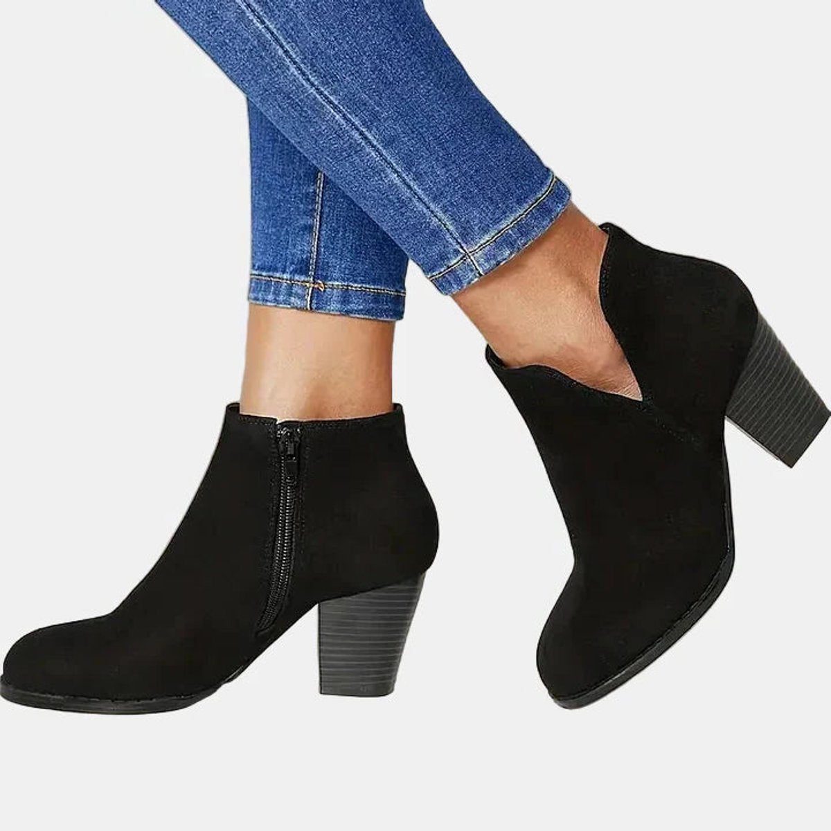 Women's Faux Suede Block Heel Ankle Boots with V-Cut and Side Zip - Maisie London
