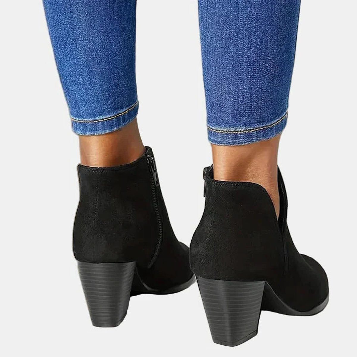 Women's Faux Suede Block Heel Ankle Boots with V-Cut and Side Zip - Maisie London