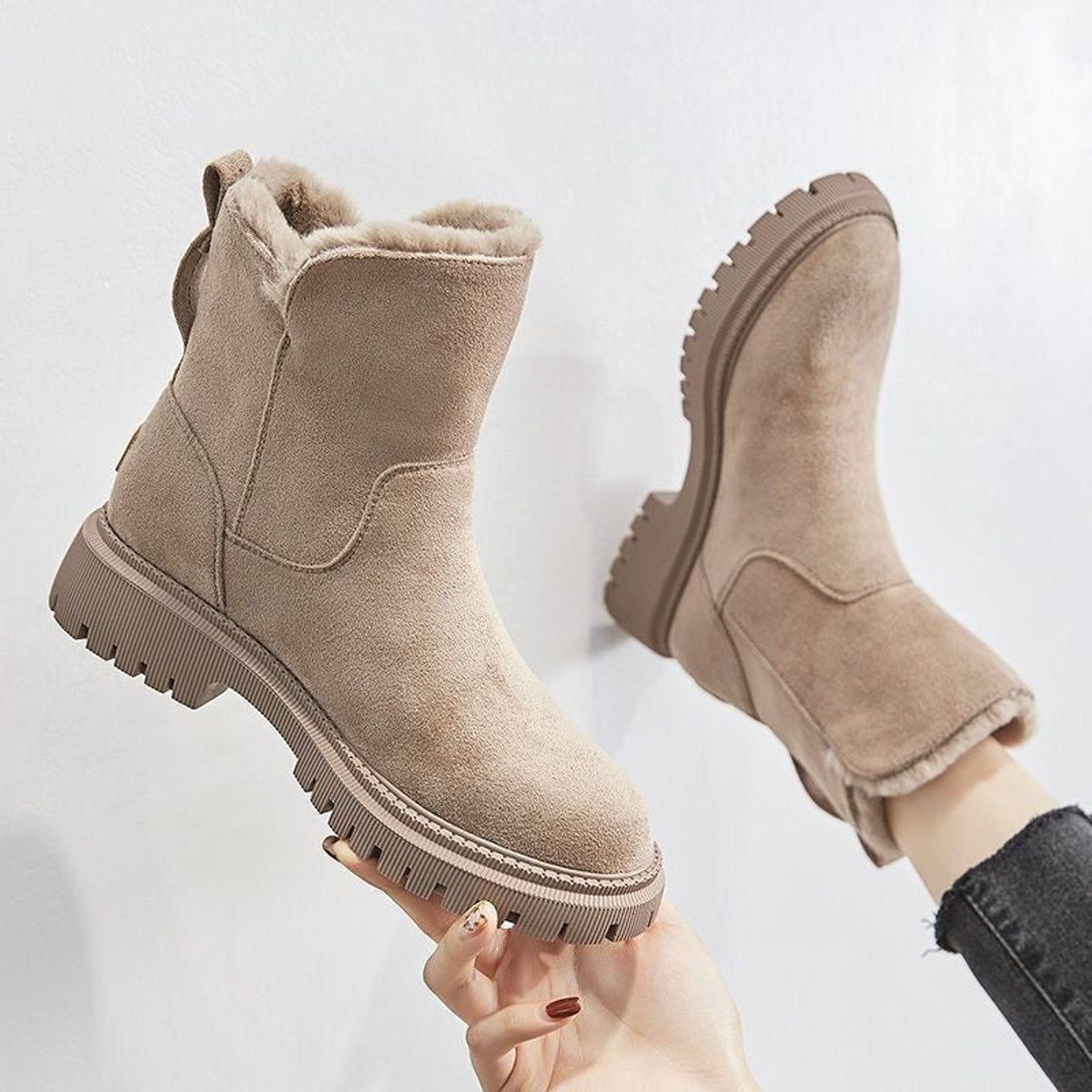 Women's Faux Suede Platform Ankle Boots with Fur Trim and Side Zip - Maisie London