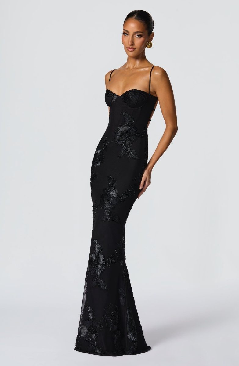 Women's Floral Appliqué Corset Maxi Dress with Lace-Up Back - Maisie London