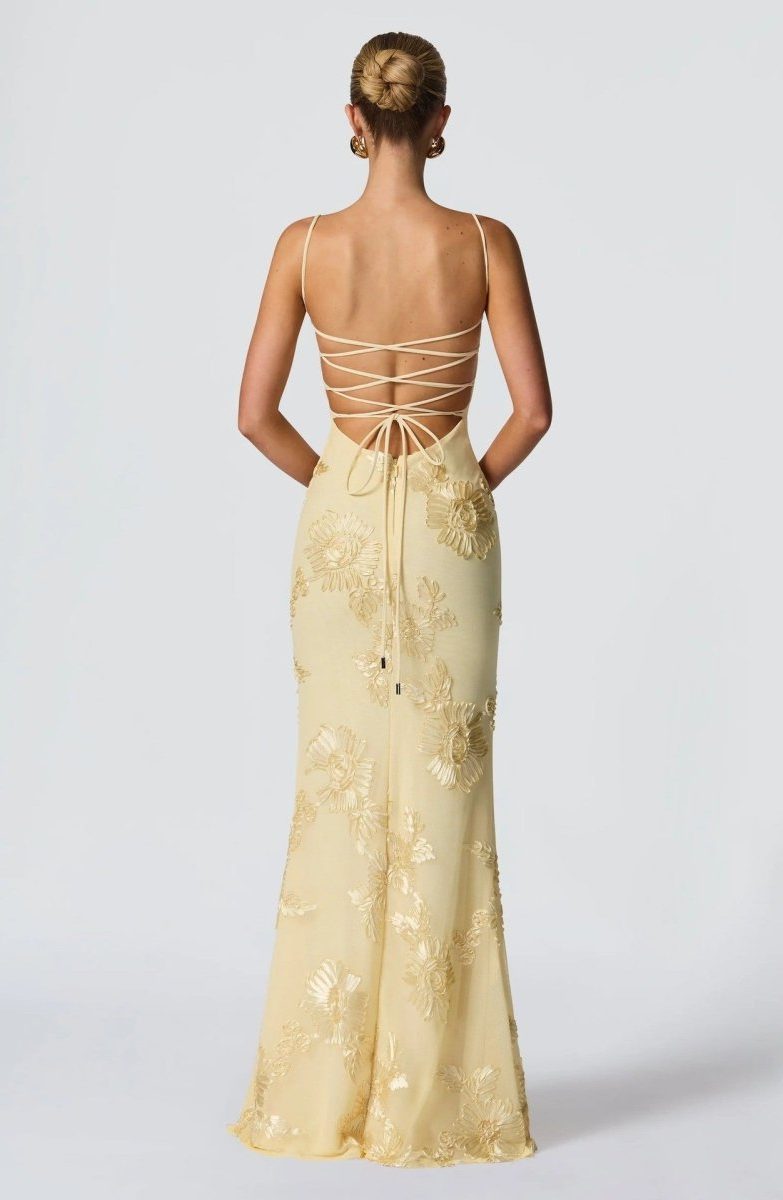 Women's Floral Appliqué Corset Maxi Dress with Lace-Up Back - Maisie London