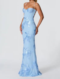 Women's Floral Appliqué Corset Maxi Dress with Lace-Up Back - Maisie London