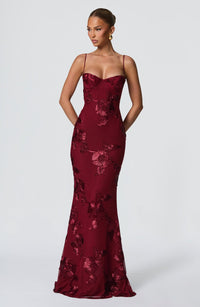 Women's Floral Appliqué Corset Maxi Dress with Lace-Up Back - Maisie London