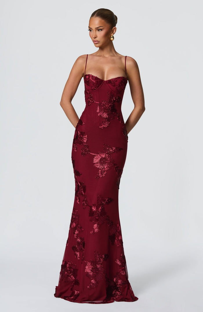 Women's Floral Appliqué Corset Maxi Dress with Lace-Up Back - Maisie London