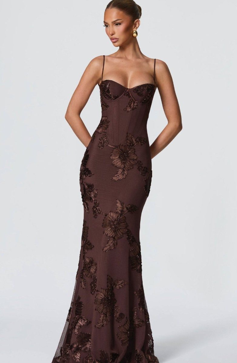Women's Floral Appliqué Corset Maxi Dress with Lace-Up Back - Maisie London