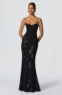 Women's Floral Appliqué Corset Maxi Dress with Lace-Up Back - Maisie London