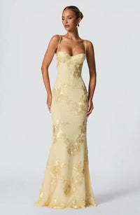 Women's Floral Appliqué Corset Maxi Dress with Lace-Up Back - Maisie London