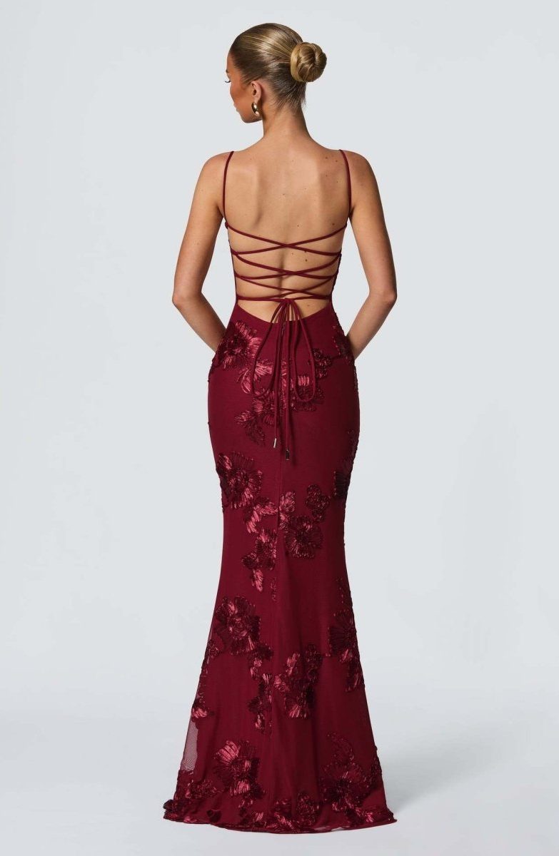 Women's Floral Appliqué Corset Maxi Dress with Lace-Up Back - Maisie London