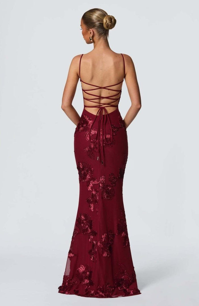 Women's Floral Appliqué Corset Maxi Dress with Lace-Up Back - Maisie London