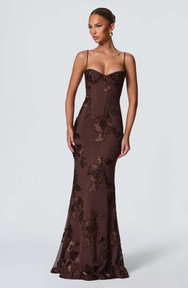 Women's Floral Appliqué Corset Maxi Dress with Lace-Up Back - Maisie London