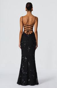 Women's Floral Appliqué Corset Maxi Dress with Lace-Up Back - Maisie London