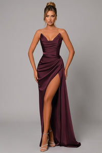 Women's Satin Maxi Dress with Sweetheart Neckline and Thigh Split - Maisie London