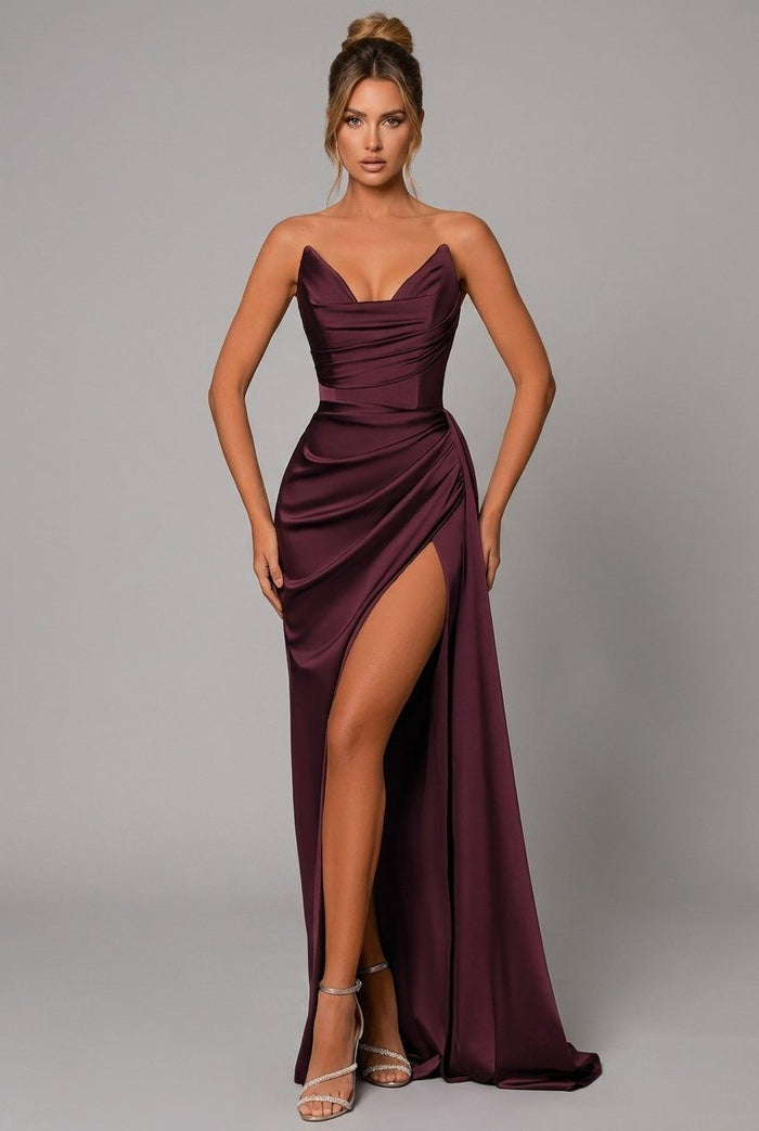 Women's Satin Maxi Dress with Sweetheart Neckline and Thigh Split - Maisie London