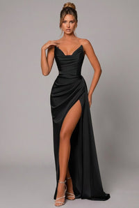 Women's Satin Maxi Dress with Sweetheart Neckline and Thigh Split - Maisie London