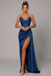 Women's Satin Maxi Dress with Sweetheart Neckline and Thigh Split - Maisie London