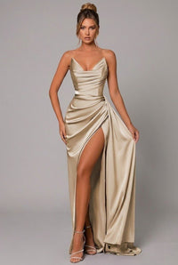 Women's Satin Maxi Dress with Sweetheart Neckline and Thigh Split - Maisie London