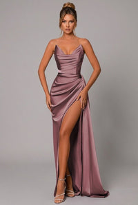 Women's Satin Maxi Dress with Sweetheart Neckline and Thigh Split - Maisie London