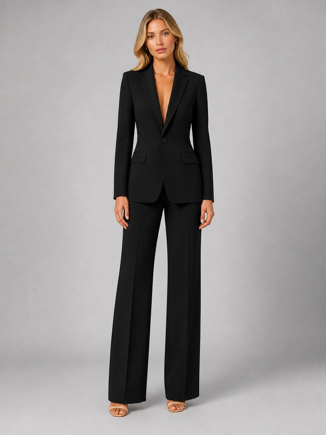 Women's Tailored Wide-Leg Trouser Suit Set with Single-Button Blazer - Maisie London