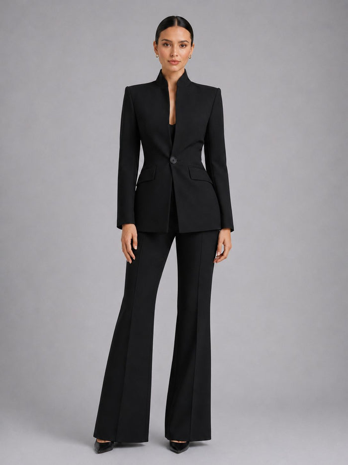 Women's Fitted Blazer and Flared Trouser Set with Stand Collar - Maisie London