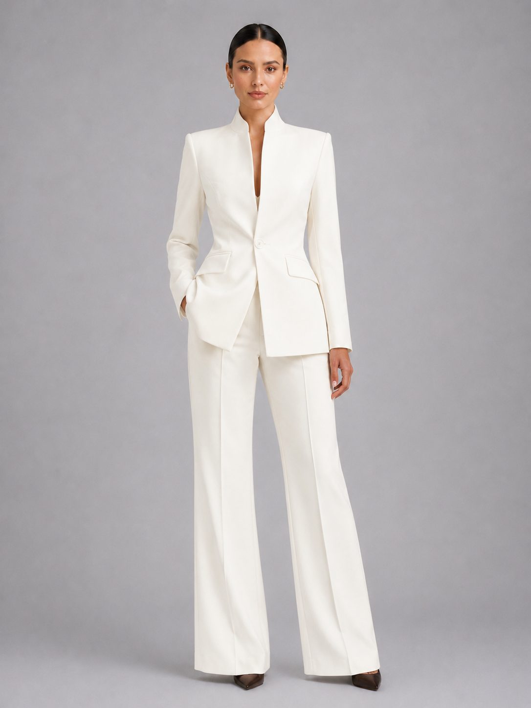 Women's Fitted Blazer and Flared Trouser Set with Stand Collar - Maisie London