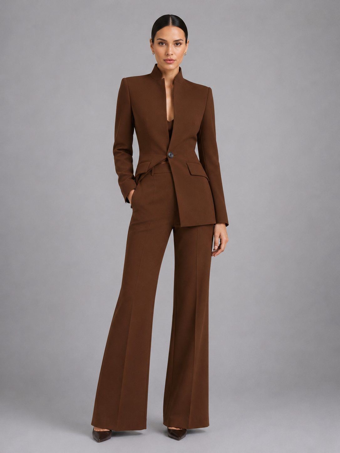 Women's Fitted Blazer and Flared Trouser Set with Stand Collar - Maisie London