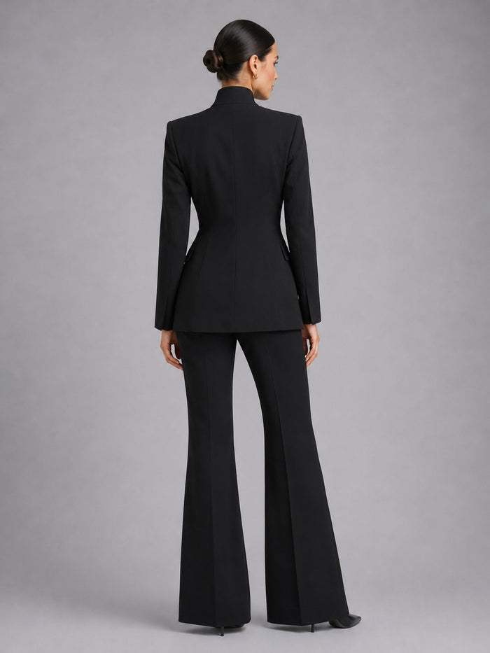 Women's Fitted Blazer and Flared Trouser Set with Stand Collar - Maisie London
